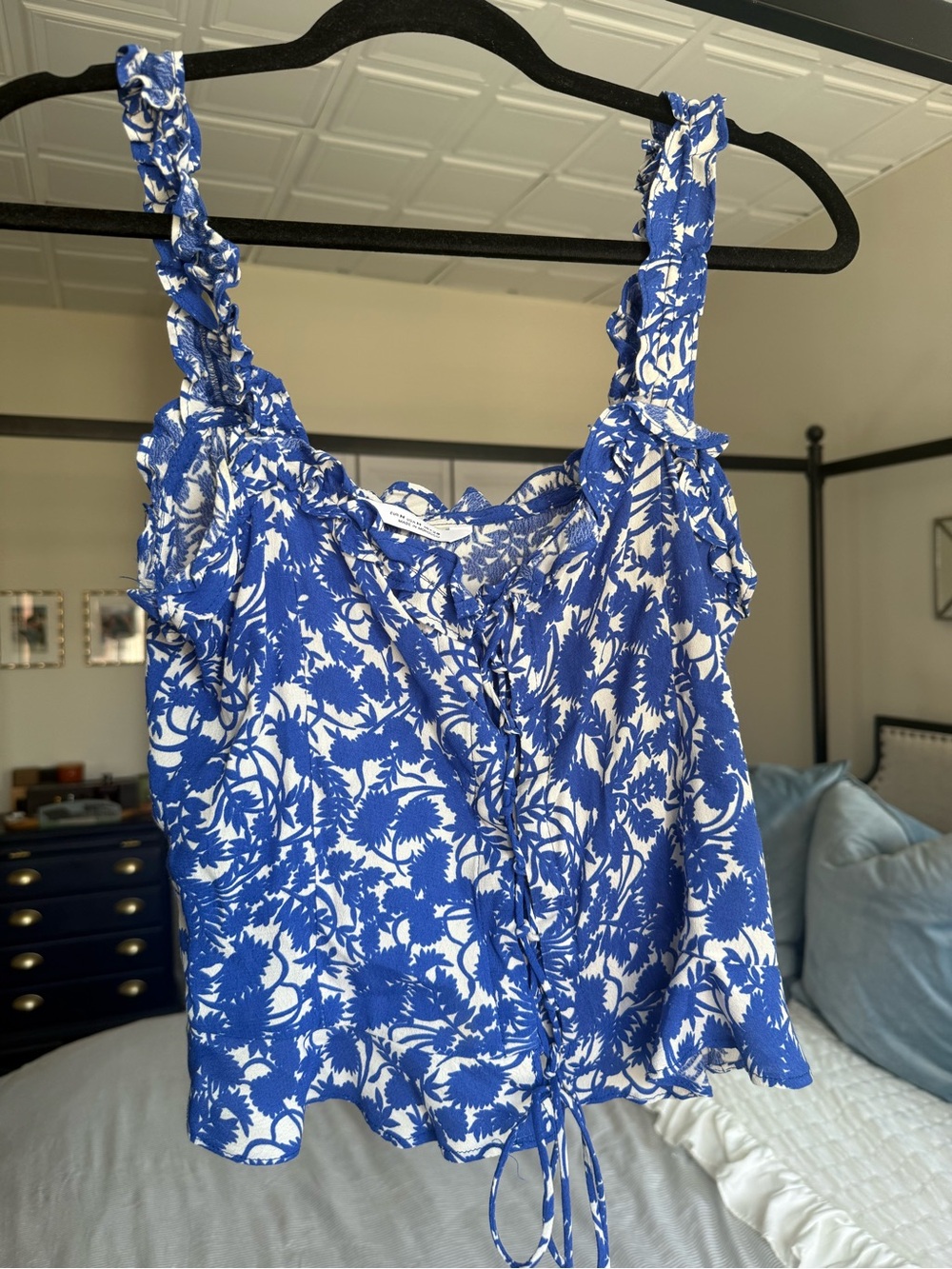 Zara Blue Floral Ruffle Strap Women's Tank Top